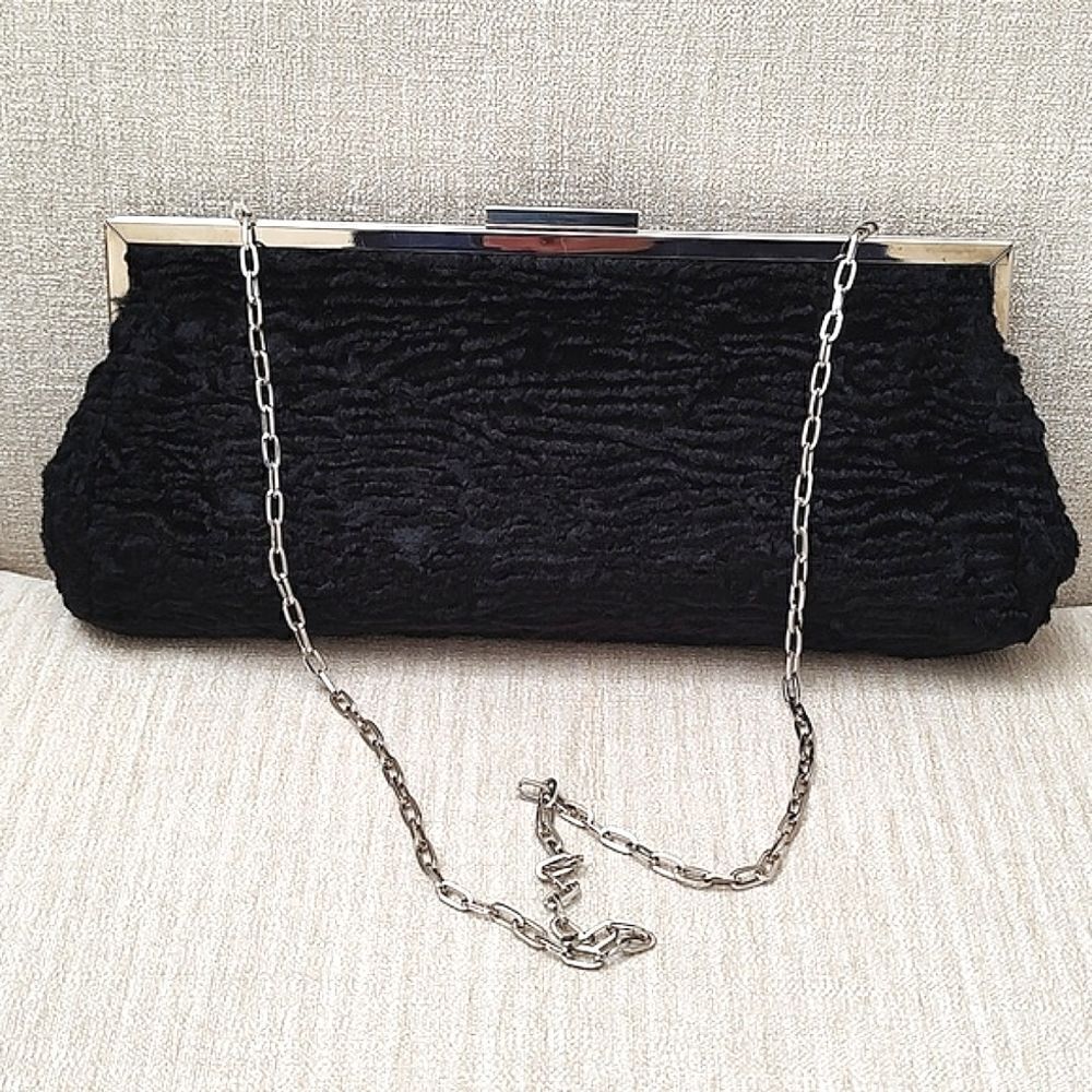 Dennis by Dennis Brass Faux Lamb's Fur Shoulder Bag Clutch Black